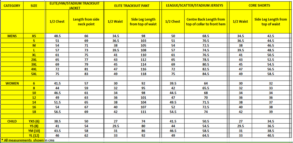 Spartans SIZING CHART