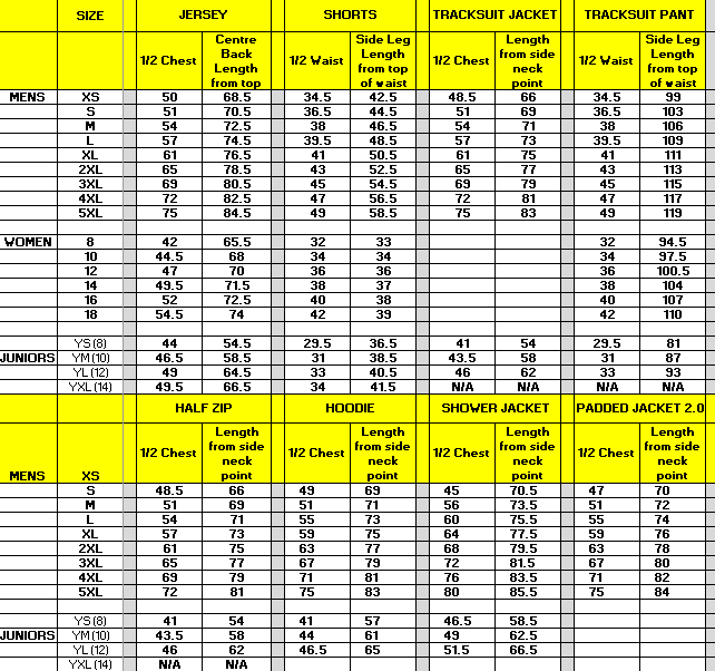 North Sunshine SIZING CHART